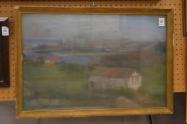 Coastal river landscape with buildings, pastel.