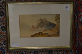 Castle on a hill top, watercolour and three further watercolours depicting sailing ships.