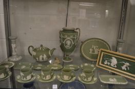 A good collection of Wedgwood green jasperware to include a pedestal vase (handle af).