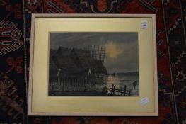 Oriental subjects, buildings on a river and a Chinese sailing ship, watercolours, a pair.