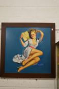 A glamorous reclining female figure, large oil on board, framed.