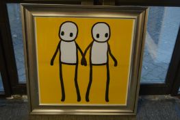 Modern simplistic picture depicting two figures holding hands.