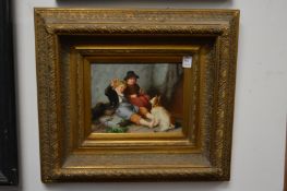 Children teasing a dog, oil on board, in a decorative gilt frame.