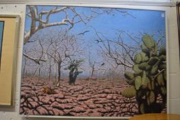 George Tincu, Cactus and other trees in a dessert with birds and an iguana, oil on canvas.