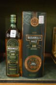 A bottle of Bushmills ten year old single malt Irish whiskey made to commemorate the 400th