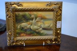 Two small oil on boards depicting chickens and geese in decorative gilt frames.