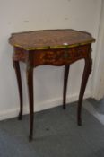 A good French rosewood and marquetry inlaid single drawer shaped top occasional table on cabriole