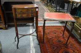 A small mahogany bow front two drawer occasional table and another table.
