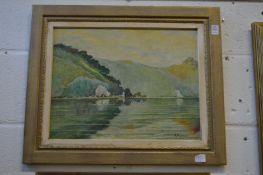 Mountainous river landscape with a church in the distance, oil on board, signed and dated.