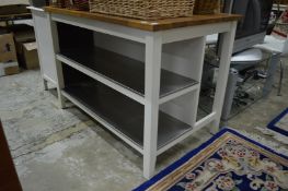 A beech and painted pine free standing kitchen island unit with stainless steel shelves.