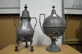 A pewter samovar and a similar zinc plated samovar.
