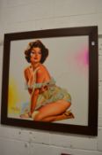A glamorous kneeling female semi-nude, large oil on board, framed.