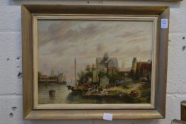 Continental school, figures gathering by a river, oil on canvas.