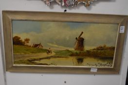 A figure and a horse and cart on a path by a windmill, oil on canvas.