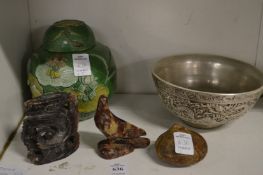 A Chinese ginger jar and cover, a silvered porcelain bowl and other items.