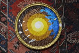 George Tincu, browns, yellows and blues, oil on board, circular.