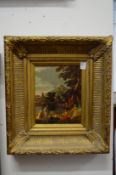 Classical scene with figures and ruins, oil on canvas in a decorative gilt frame.