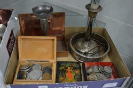 Silver candlestick, coins etc.