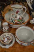 A Masons ironstone wash set comprising jug and bowl, chamber pot, toothbrush vase, flannel dish