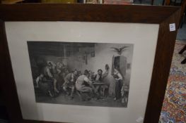 Two large black and white prints and two oil on canvas unframed.