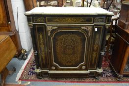 A good 19th century French cut brass inlaid marble top single door cabinet.