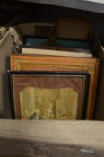 A box of assorted paintings, prints, engravings etc.