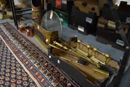 Brass fireside tools, small fender, copper coal scuttle and other metalware.