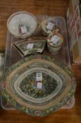 A Chinese canton bowl various similar items to include famille rose boxes and covers.