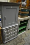 Painted pine hanging corner cupboard, four drawer chest and open shelves.