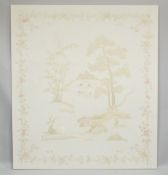 A LARGE CONTEMPORARY CHINESE EMBROIDERED TEXTILE PANEL, with tiger and deer and mountains beyond,