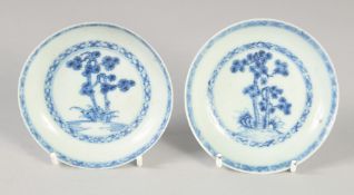 A PAIR OF NANKING CARGO BLUE AND WHITE SAUCERS, 10cm diameter.