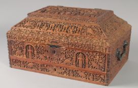 A VERY FINE AND LARGE MID-19TH CENTURY ANGLO INDIAN MYSORE HEAVILY CARVED SANDALWOOD SEWING BOX,