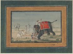 A 19TH CENTURY MUGHAL LUCKNOW COMPANY SCHOOL MINIATURE PAINTING of a royal elephant hunt, framed and