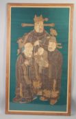 19TH CENTURY CHINESE EMBROIDERED FULUSHOU FIGURES with a boy, overlaid onto a green silk backing,
