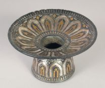 AN 18TH-19TH CENTURY INDIAN BIDRI SILVER AND BRASS INLAID SPITTOON, 11cm diameter.