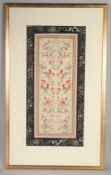 A 20TH CENTURY CHINESE SILK PANEL, decorated with hens and flora, framed and glazed, textile 68cm