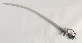 A 19TH CENTURY INDIAN TULWAR SWORD, with curving fullered blade, 90cm long.
