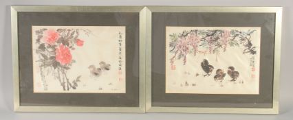A PAIR OF 20TH CENTURY CHINESE PICTURES ON SILK, framed and glazed, image 22cm x 30cm.