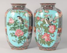 A PAIR OF LARGE JAPANESE CLOISONNE VASES, Meiji period, decorated with panels of birds and native