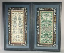 TWO 19TH CENTURY CHINESE PANELS of scholar's subjects and flowers, framed and glazed, textile 66cm x