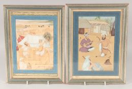 TWO FINE INDIAN MINIATURE PAINTINGS depicting musicians, inscribed, framed and glazed to front and