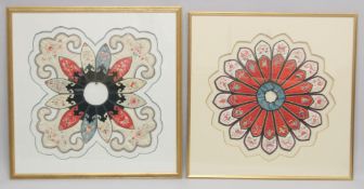 TWO 19TH CENTURY CHINESE WOMAN'S CLOTHES ACCESSORY / COLLARS, framed and glazed, 80.5cm square.