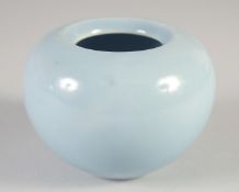 A CHINESE PALE BLUE PORCELAIN BRUSH WASHER, 6.5cm high.