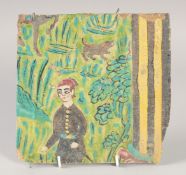 A PERSIAN GLAZED POTTERY TILE, with a figure in an outdoor setting, 19.5cm x 20cm.