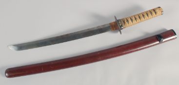 A LATE 19TH - EARLY 20TH CENTURY APANESE WAKIZASHI, with cord bound grip, gold inlaid steel tsuba in