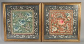 A PAIR OF 19TH CENTURY CHINESE SILK PANELS OF FLOWERS AND BUTTERFLIES; one female and one male,