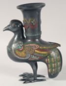 A CHINESE ENAMEL DECORATED BRONZE PEACOCK, with fitted presentation box, bronze 23cm high.