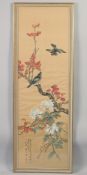A LARGE PAINTING ON SILK OF BIRDS AND FLORA, inscribed and with red seal, framed and glazed, image