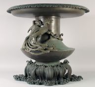AN IMPRESSIVE LARGE JAPANESE BRONZE USUBATA VASE, with bronze phoenix okimono to the side and wave