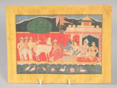 A FINE SOUTH INDIAN MINIATURE PAINTING, depicting a blue skin god and attendants, 20.5cm x 28cm.